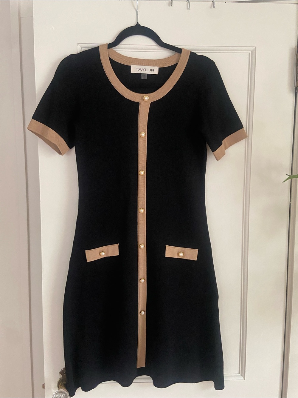 Taylor Black Mini Dress with Tan Trim and Gold Buttons NWOT